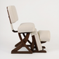 Kneeling chair with wooden frame and beige cushion on a white background