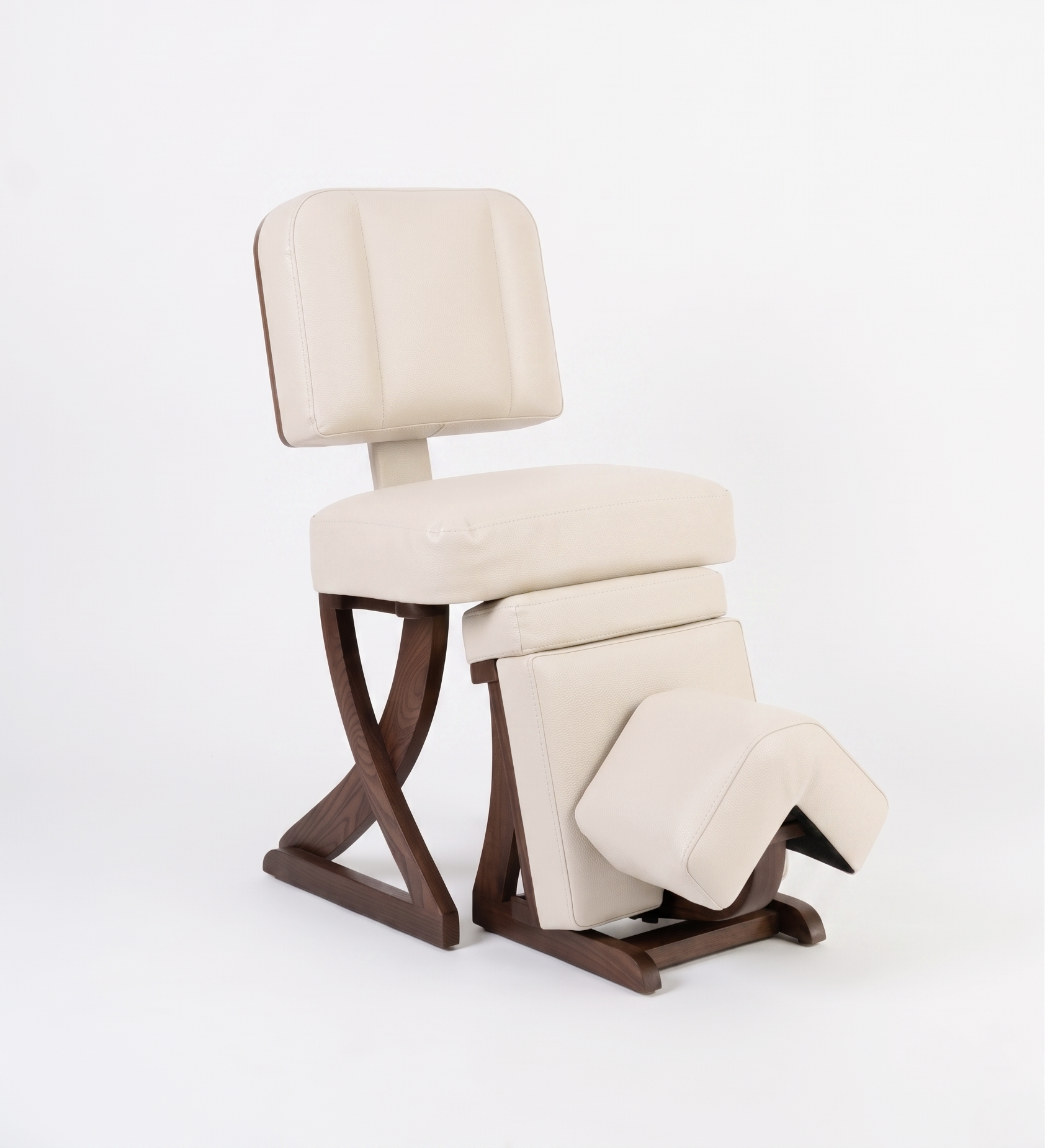 Cream-colored massage chair with wooden frame on a white background